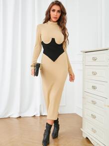 Modelyn Mock Neck Slit Back Bodycon Dress With Corset - Multicolor - View 3