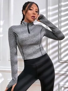 Top-stitching Thumbholes Half Zip Sports Sweatshirt - Grey - View 6