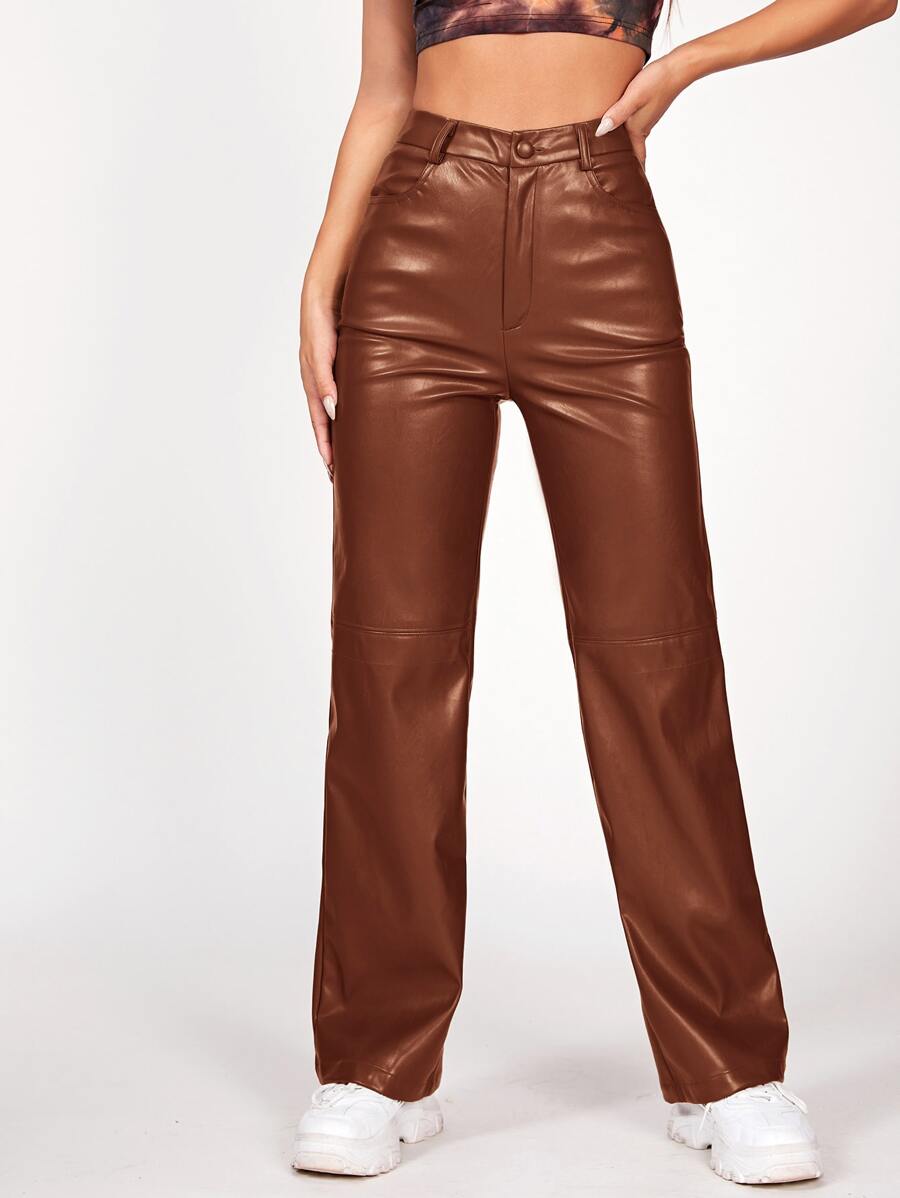 SHEIN PETITE Solid PU Leather Straight Leg Trousers - Rust Brown - View 1