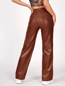 SHEIN PETITE Solid PU Leather Straight Leg Trousers - Rust Brown - View 2