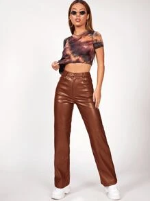 SHEIN PETITE Solid PU Leather Straight Leg Trousers - Rust Brown - View 4