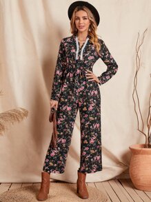 SHEIN Unity Floral Print Guipure Lace Insert Drawstring Waist Jumpsuit - Multicolor - View 1