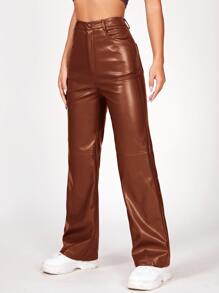 SHEIN PETITE Solid PU Leather Straight Leg Trousers - Rust Brown - View 5