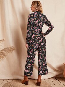 SHEIN Unity Floral Print Guipure Lace Insert Drawstring Waist Jumpsuit - Multicolor - View 2