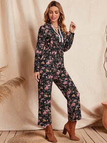 SHEIN Unity Floral Print Guipure Lace Insert Drawstring Waist Jumpsuit - Multicolor - View 3