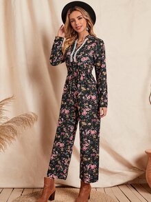 SHEIN Unity Floral Print Guipure Lace Insert Drawstring Waist Jumpsuit - Multicolor - View 4