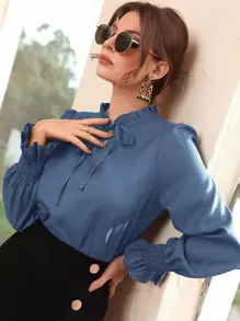 Modelyn Shirred Flounce Sleeve Frilled Tie Neck Blouse - Dusty Blue - View 1