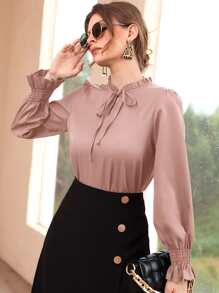 Modelyn Shirred Flounce Sleeve Frilled Tie Neck Blouse - Dusty Pink - View 1