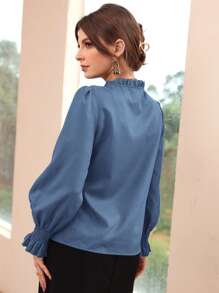 Modelyn Shirred Flounce Sleeve Frilled Tie Neck Blouse - Dusty Blue - View 2