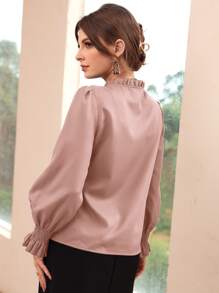 Modelyn Shirred Flounce Sleeve Frilled Tie Neck Blouse - Dusty Pink - View 2
