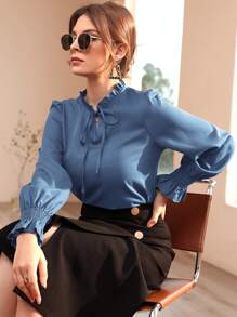 Modelyn Shirred Flounce Sleeve Frilled Tie Neck Blouse - Dusty Blue - View 3