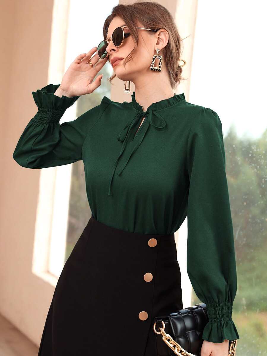 Women Blouses Frill Ruffle Dasi Depan Plain Anggun - Dark Green - View 1