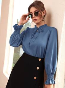 Modelyn Shirred Flounce Sleeve Frilled Tie Neck Blouse - Dusty Blue - View 4