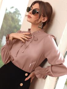 Modelyn Shirred Flounce Sleeve Frilled Tie Neck Blouse - Dusty Pink - View 3