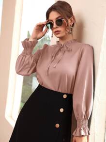 Modelyn Shirred Flounce Sleeve Frilled Tie Neck Blouse - Dusty Pink - View 4
