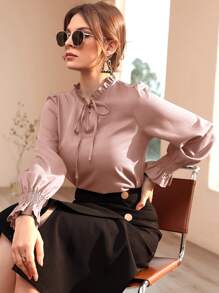 Modelyn Shirred Flounce Sleeve Frilled Tie Neck Blouse - Dusty Pink - View 5