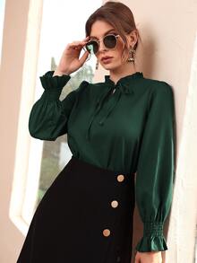 Women Blouses Frill Ruffle Dasi Depan Plain Anggun - Dark Green - View 3