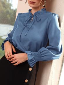 Modelyn Shirred Flounce Sleeve Frilled Tie Neck Blouse - Dusty Blue - View 6