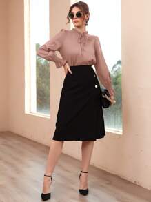 Modelyn Shirred Flounce Sleeve Frilled Tie Neck Blouse - Dusty Pink - View 6