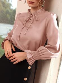 Modelyn Shirred Flounce Sleeve Frilled Tie Neck Blouse - Dusty Pink - View 7