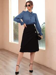 Modelyn Shirred Flounce Sleeve Frilled Tie Neck Blouse - Dusty Blue - View 7