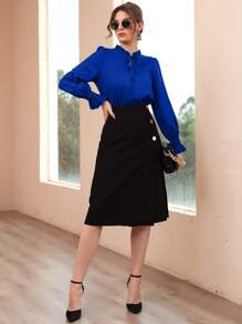 Modelyn Blusa con fruncido de manga con volante fruncido de cuello con cordón - azul real - Ver 4