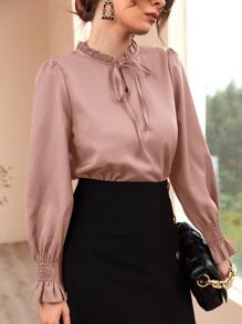 Modelyn Shirred Flounce Sleeve Frilled Tie Neck Blouse - Dusty Pink - View 8