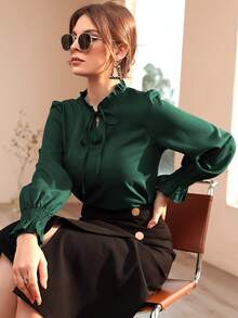 Women Blouses Frill Ruffle Dasi Depan Plain Anggun - Dark Green - View 5