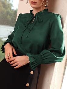 Women Blouses Frill Ruffle Dasi Depan Plain Anggun - Dark Green - View 6