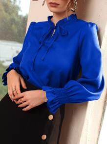 Modelyn Blusa con fruncido de manga con volante fruncido de cuello con cordón - azul real - Ver 5