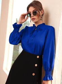 Modelyn Blusa con fruncido de manga con volante fruncido de cuello con cordón - azul real - Ver 6