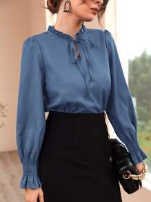 Modelyn Shirred Flounce Sleeve Frilled Tie Neck Blouse - Dusty Blue - View 8