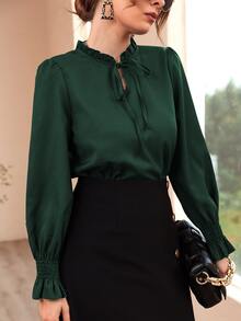 Women Blouses Frill Ruffle Dasi Depan Plain Anggun - Dark Green - View 7