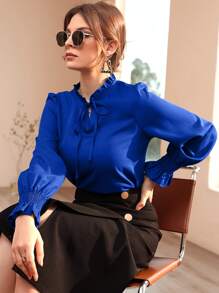 Modelyn Blusa con fruncido de manga con volante fruncido de cuello con cordón - azul real - Ver 7