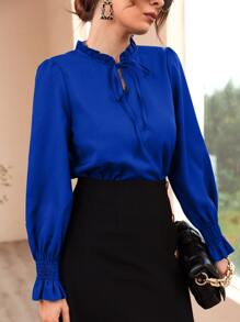 Modelyn Blusa con fruncido de manga con volante fruncido de cuello con cordón - azul real - Ver 8