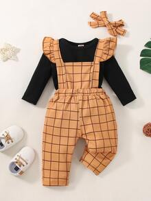 Bebé Body unicolor & Overol con estampado de cuadros ribete con fruncido con diadema - Multicolor - Ver 8