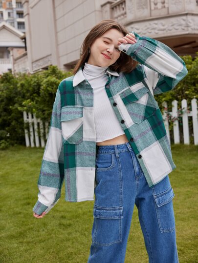 قميص مربعات ملونة جيب قلاب