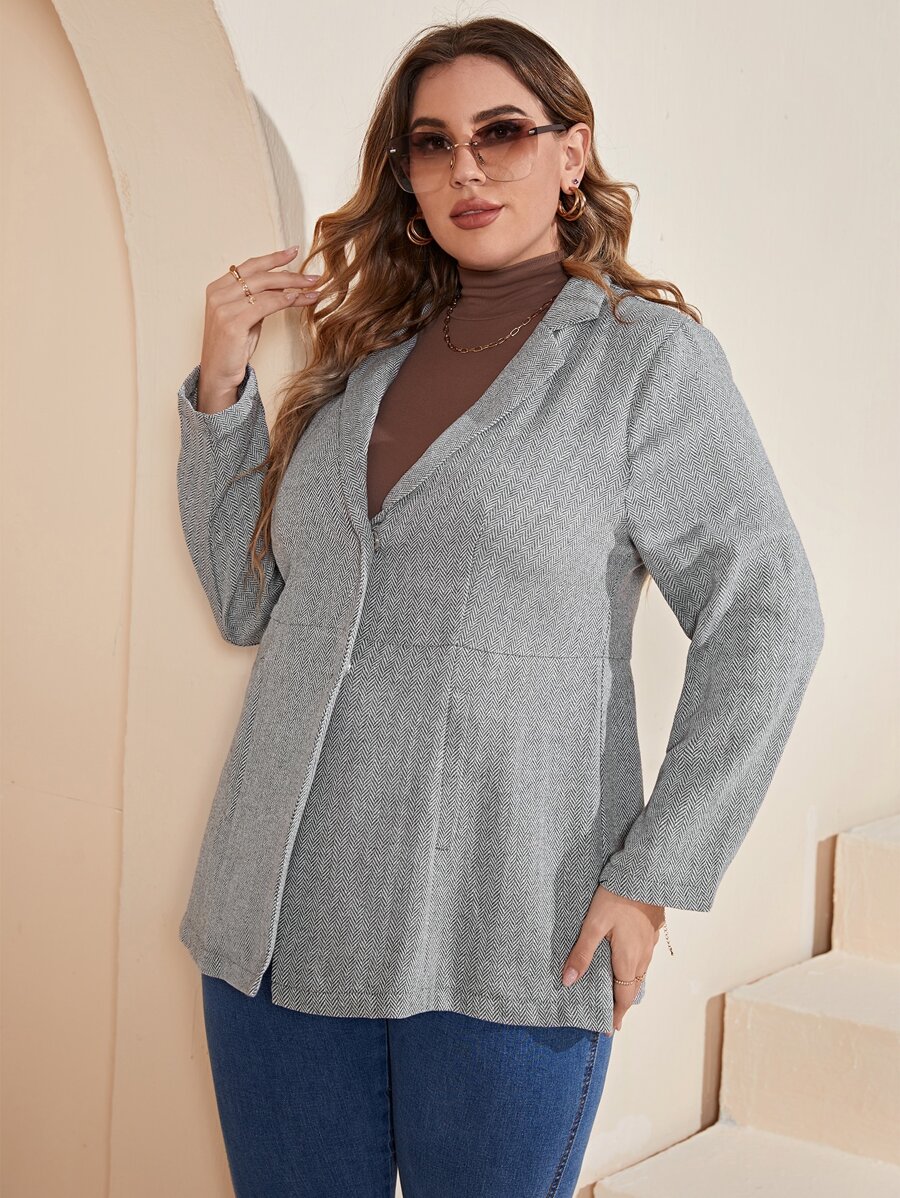 SHEIN Unity Plus Herringbone Lapel Collar Overcoat - Grey - View 1