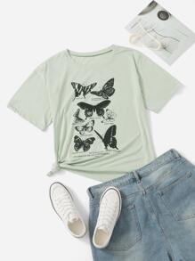 大碼標語和蝴蝶圖案T恤 - 薄荷綠 - 查看 1