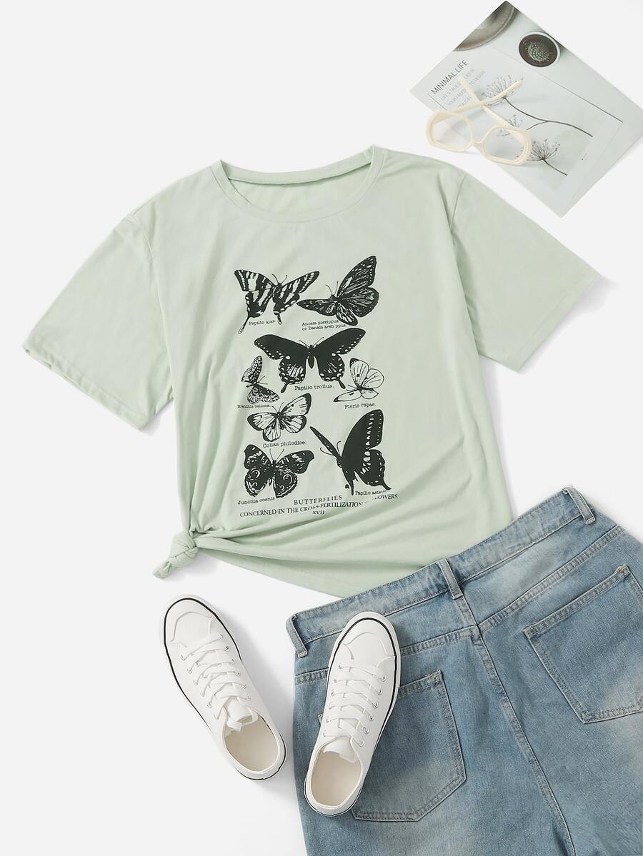 大碼標語和蝴蝶圖案T恤 - 薄荷綠 - 查看 1
