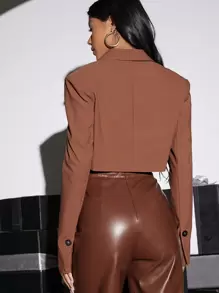 SHEIN BAE 秋冬撞色 PU 皮革单扣短款西装外套 - 鏽棕色 - 查看 2