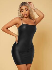 SHEIN SXY Solid PU Leather Cami Dress - Black - View 4