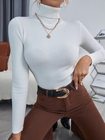 Cévolie Rejäl ribbstickad tröja med hög hals, långärmade toppar