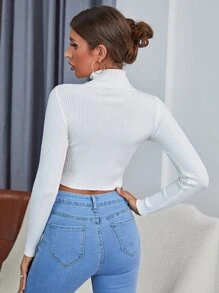 INAWLY Suéter corto de canalé con cuello alto sólido, tops de manga larga