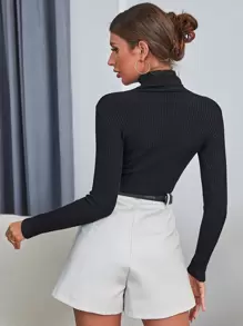 SHEIN Essnce Solid High Neck Rib Knit Crop Jumper - Black - View 2