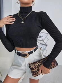 SHEIN Essnce Solid High Neck Rib Knit Crop Jumper - Black - View 6