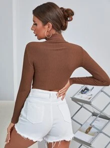 SHEIN Essnce Áo len cổ cao tay dài dáng ngắn, chất liệu dệt kim, thích hợp mặc mùa thu đông. - Cà phê nâu - Xem 2