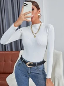 INAWLY Solid Funnel Neck Rib Knit Sweater,Long Sleeve Tops Knit Pullover Fall Winter Outfit