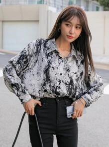 DAZY Marble Print Drop Shoulder Shirt - Black and White - View 1