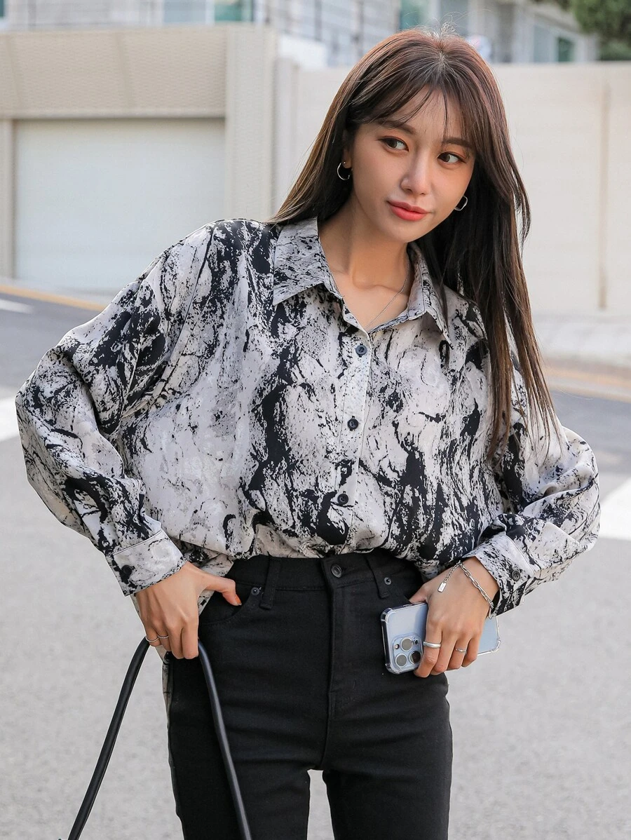 DAZY Marble Print Drop Shoulder Shirt - Black and White - View 1